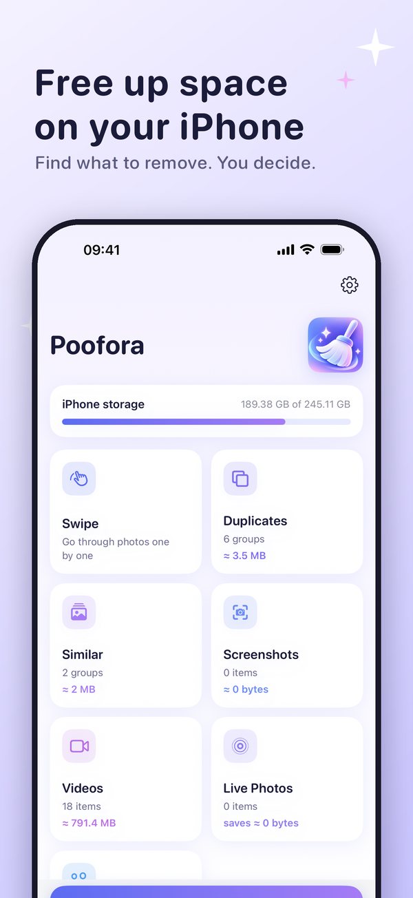 Poofora home screen with storage and category cards