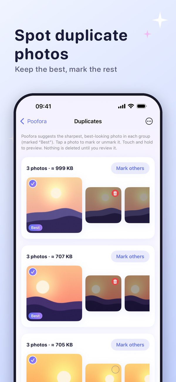 Duplicate photo groups with a suggested Best photo