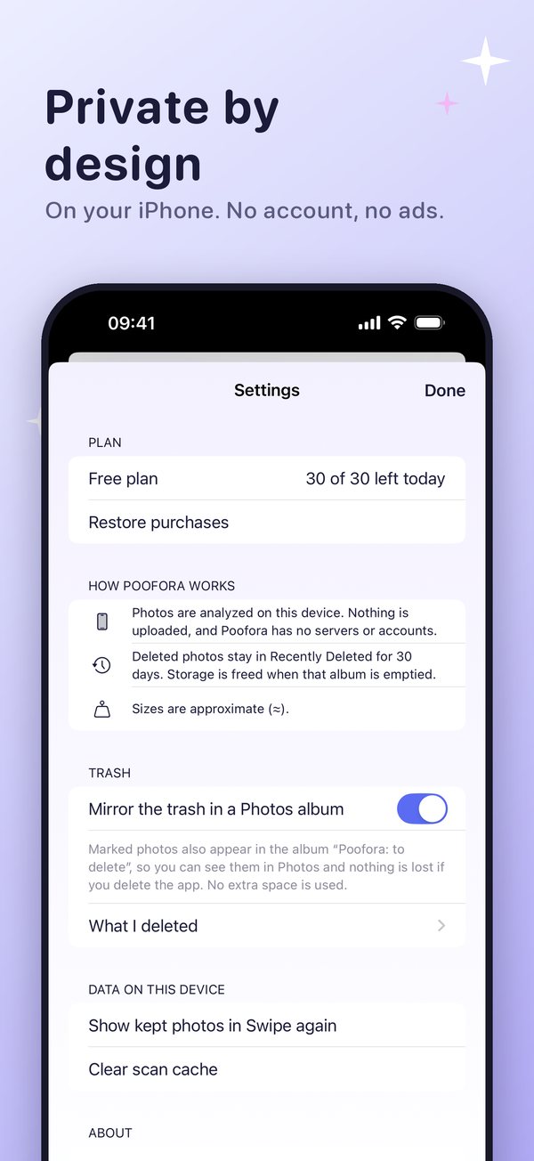Settings explaining how Poofora works on your device